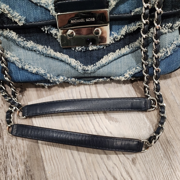 Michael Kors Denim Fringe Chain Shoulder Bag - Blue - Picture 12 of 13